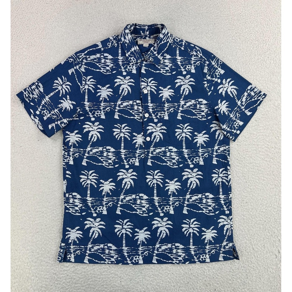 Wallace & Barnes Shirt Mens Small Blue Palm Tree Short Sleeve Button Up Hawaiian